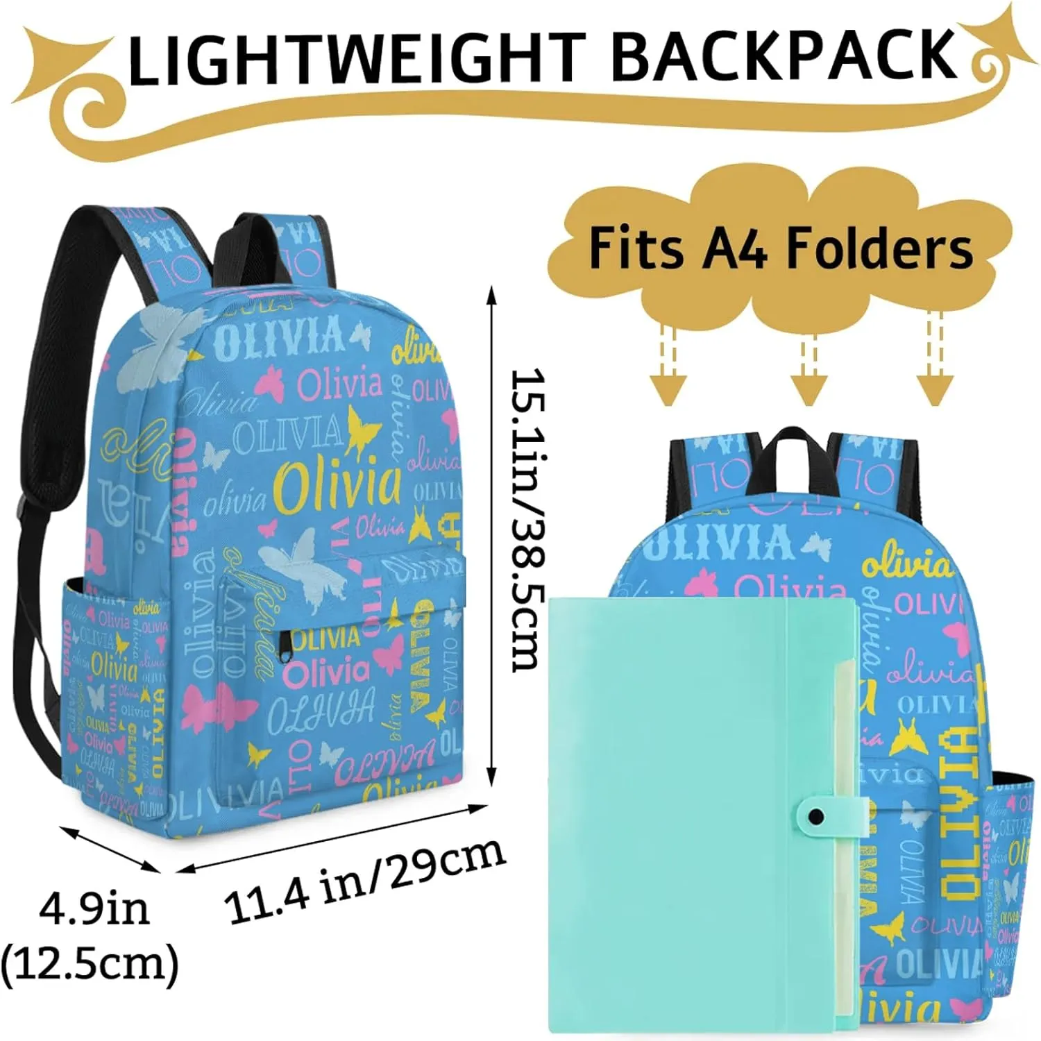 Personalized Butterfly Backpack with Name Custom Shoulder Bags for Women Men Waterproof Travel Casual Daypack Laptop Bag 15.1in, Blue