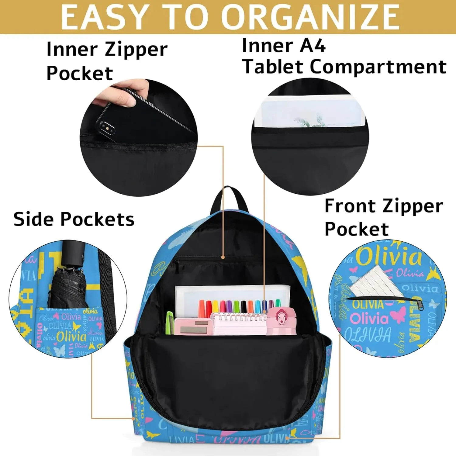 Personalized Butterfly Backpack with Name Custom Shoulder Bags for Women Men Waterproof Travel Casual Daypack Laptop Bag 15.1in, Blue