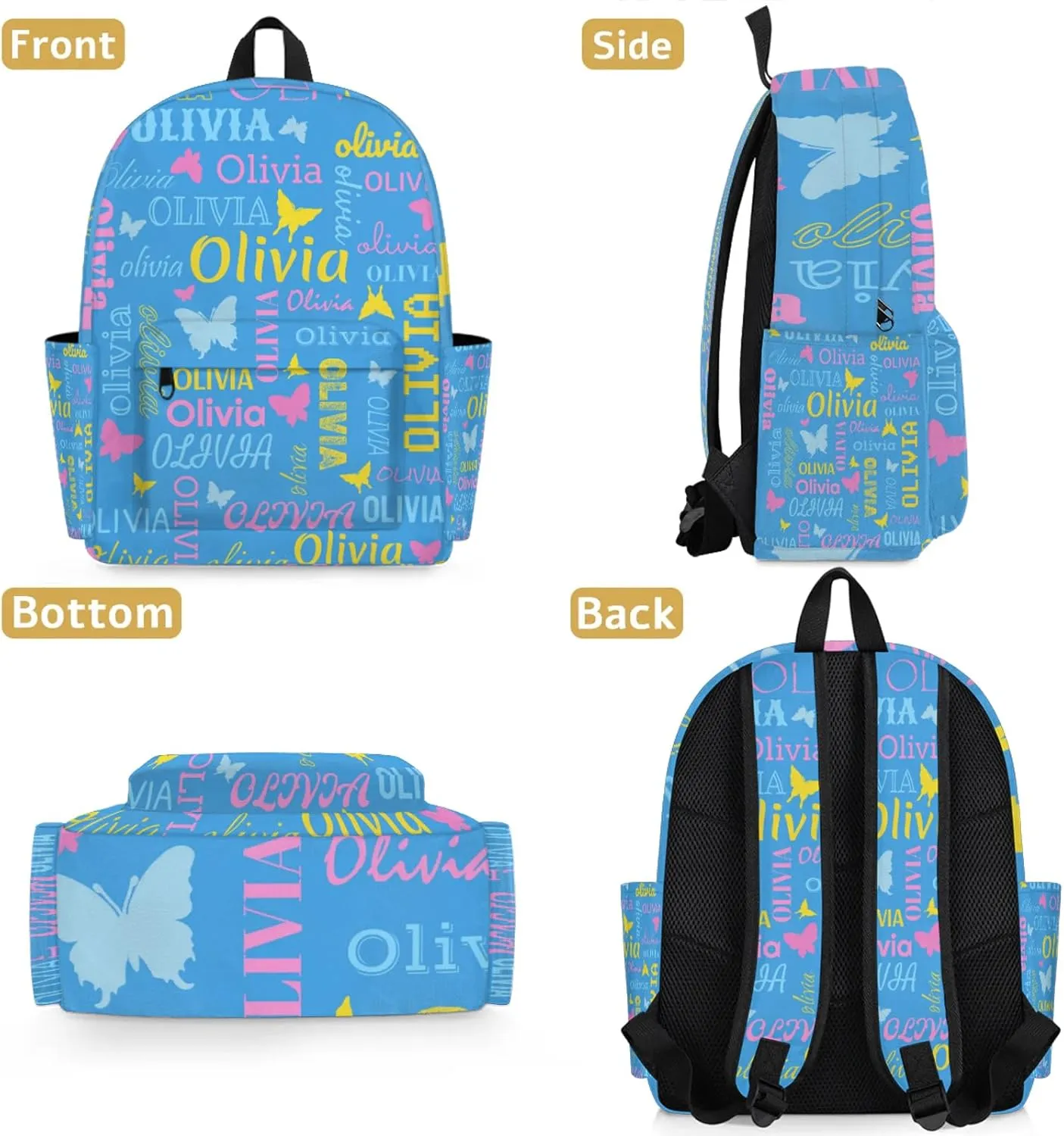 Personalized Butterfly Backpack with Name Custom Shoulder Bags for Women Men Waterproof Travel Casual Daypack Laptop Bag 15.1in, Blue