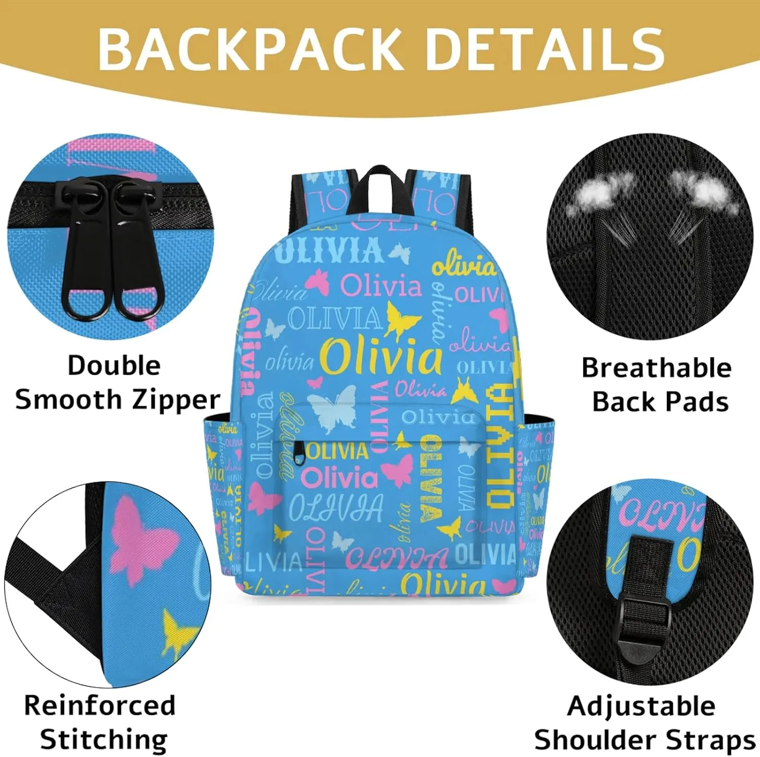 Personalized Butterfly Backpack with Name Custom Shoulder Bags for Women Men Waterproof Travel Casual Daypack Laptop Bag 15.1in, Blue