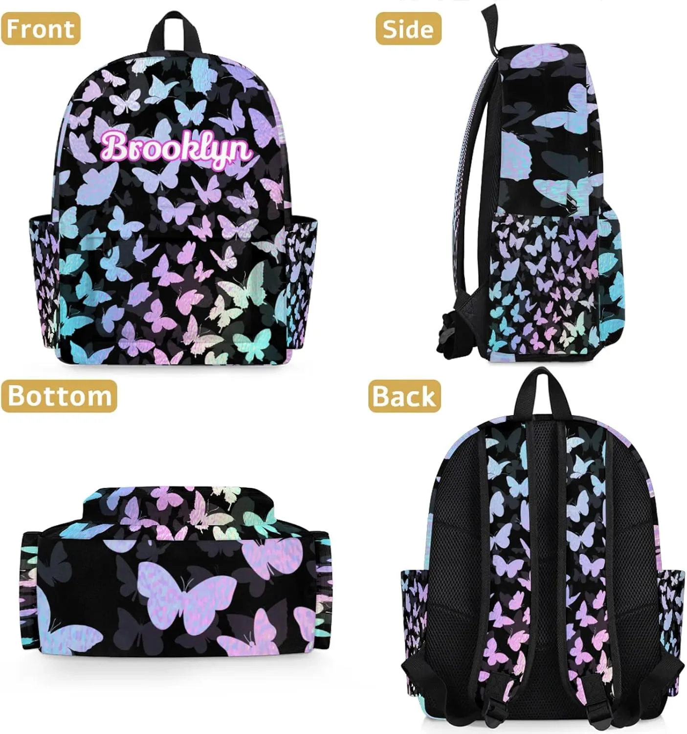 Personalized Butterfly Backpack with Name Custom Shoulder Bags for Women Men Waterproof Travel Casual Daypack Laptop Bag 15.1in, Gradient Blue Purple