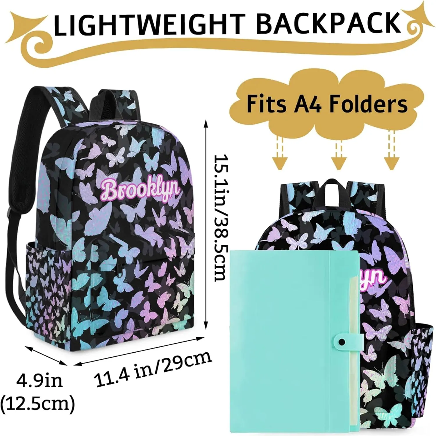 Personalized Butterfly Backpack with Name Custom Shoulder Bags for Women Men Waterproof Travel Casual Daypack Laptop Bag 15.1in, Gradient Blue Purple