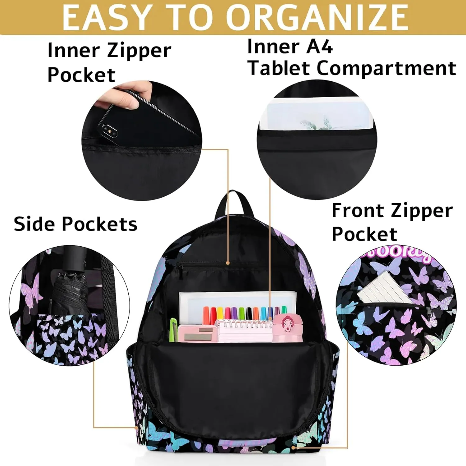 Personalized Butterfly Backpack with Name Custom Shoulder Bags for Women Men Waterproof Travel Casual Daypack Laptop Bag 15.1in, Gradient Blue Purple