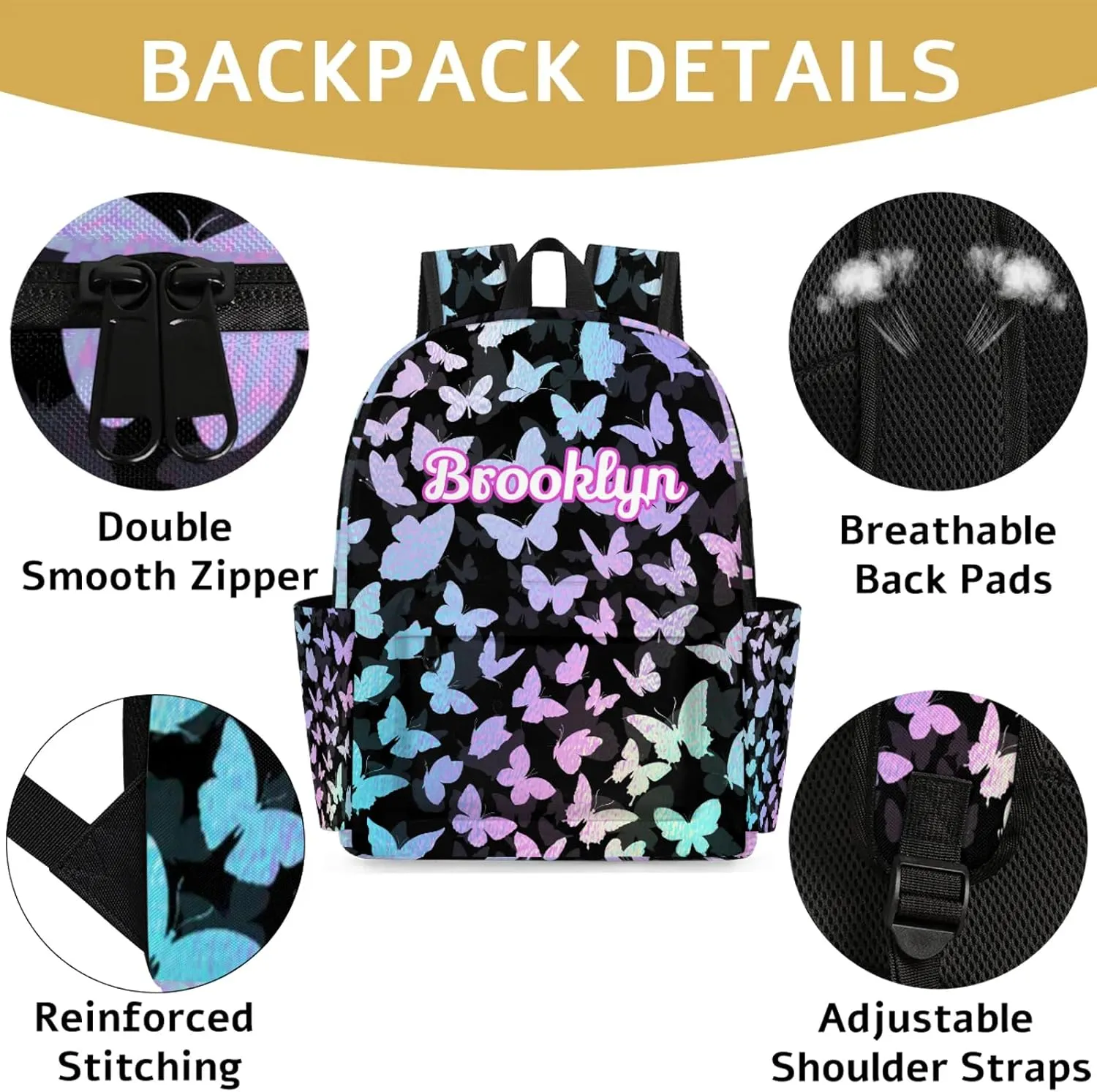 Personalized Butterfly Backpack with Name Custom Shoulder Bags for Women Men Waterproof Travel Casual Daypack Laptop Bag 15.1in, Gradient Blue Purple