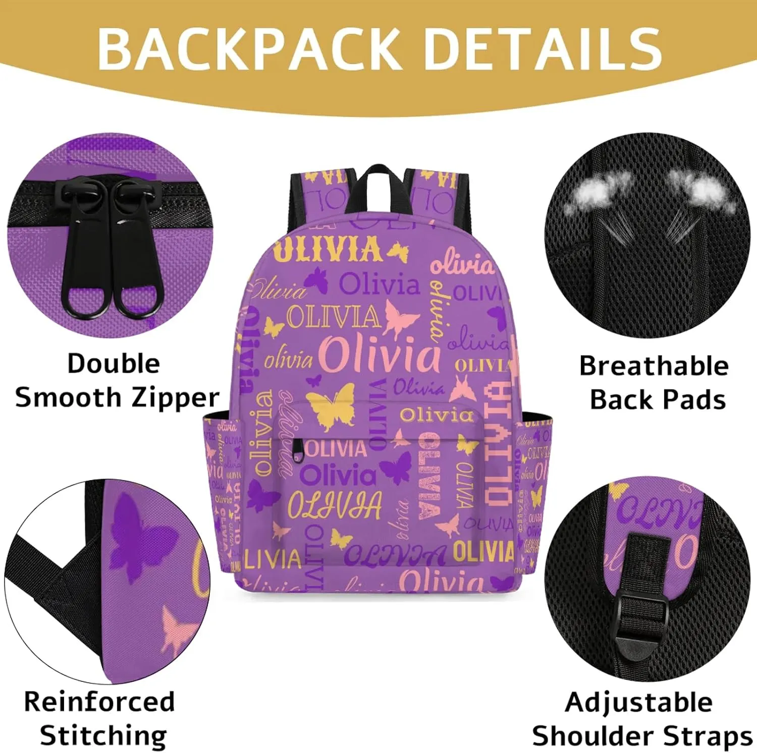 Personalized Butterfly Backpack with Name Custom Shoulder Bags for Women Men Waterproof Travel Casual Daypack Laptop Bag 15.1in, Purple