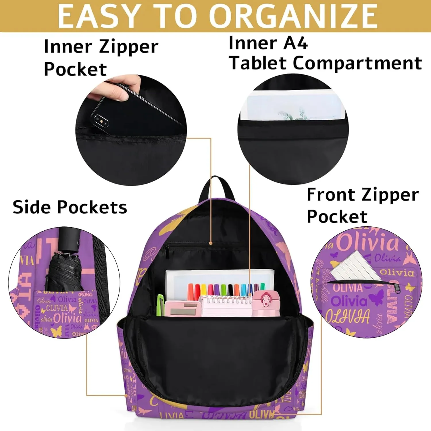 Personalized Butterfly Backpack with Name Custom Shoulder Bags for Women Men Waterproof Travel Casual Daypack Laptop Bag 15.1in, Purple