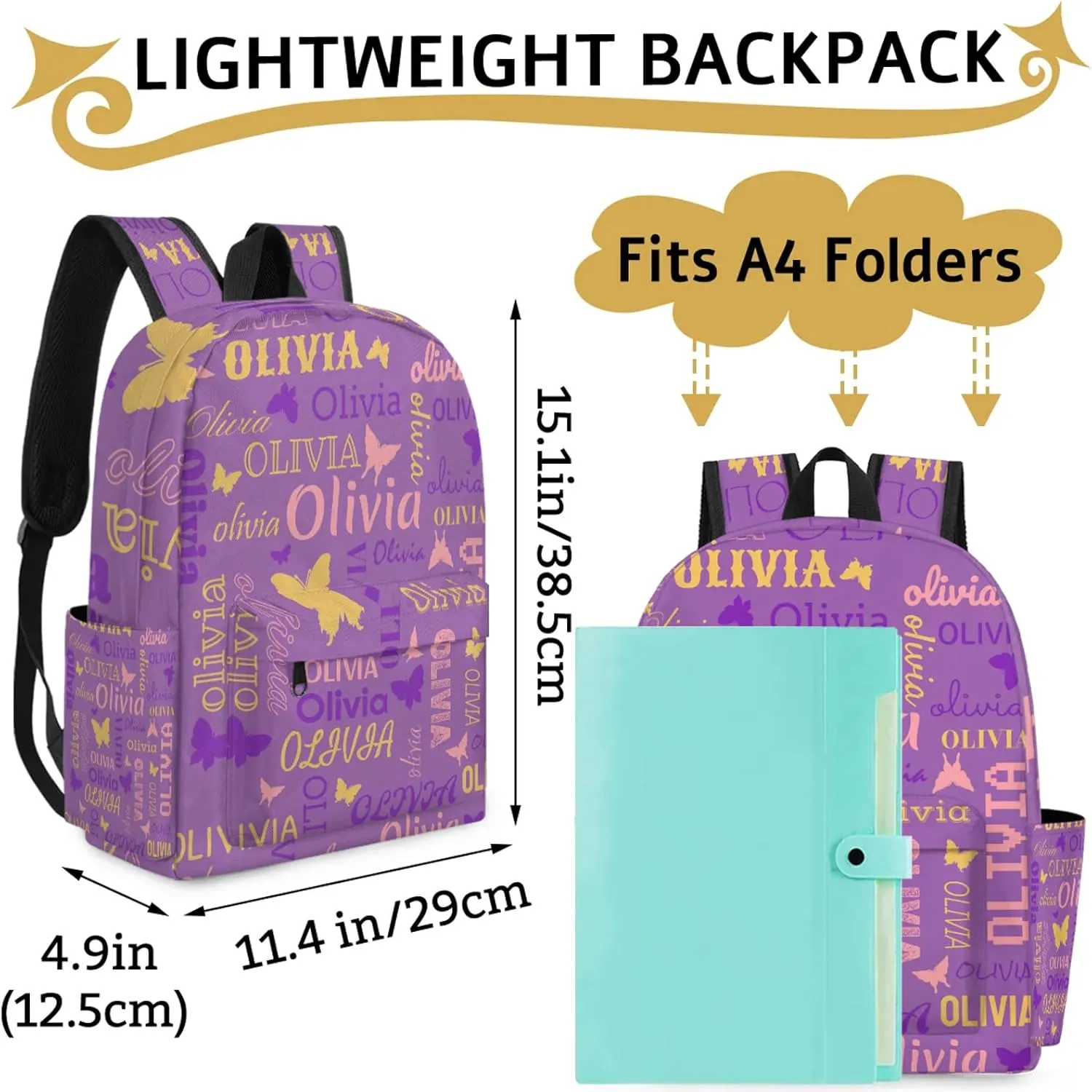 Personalized Butterfly Backpack with Name Custom Shoulder Bags for Women Men Waterproof Travel Casual Daypack Laptop Bag 15.1in, Purple