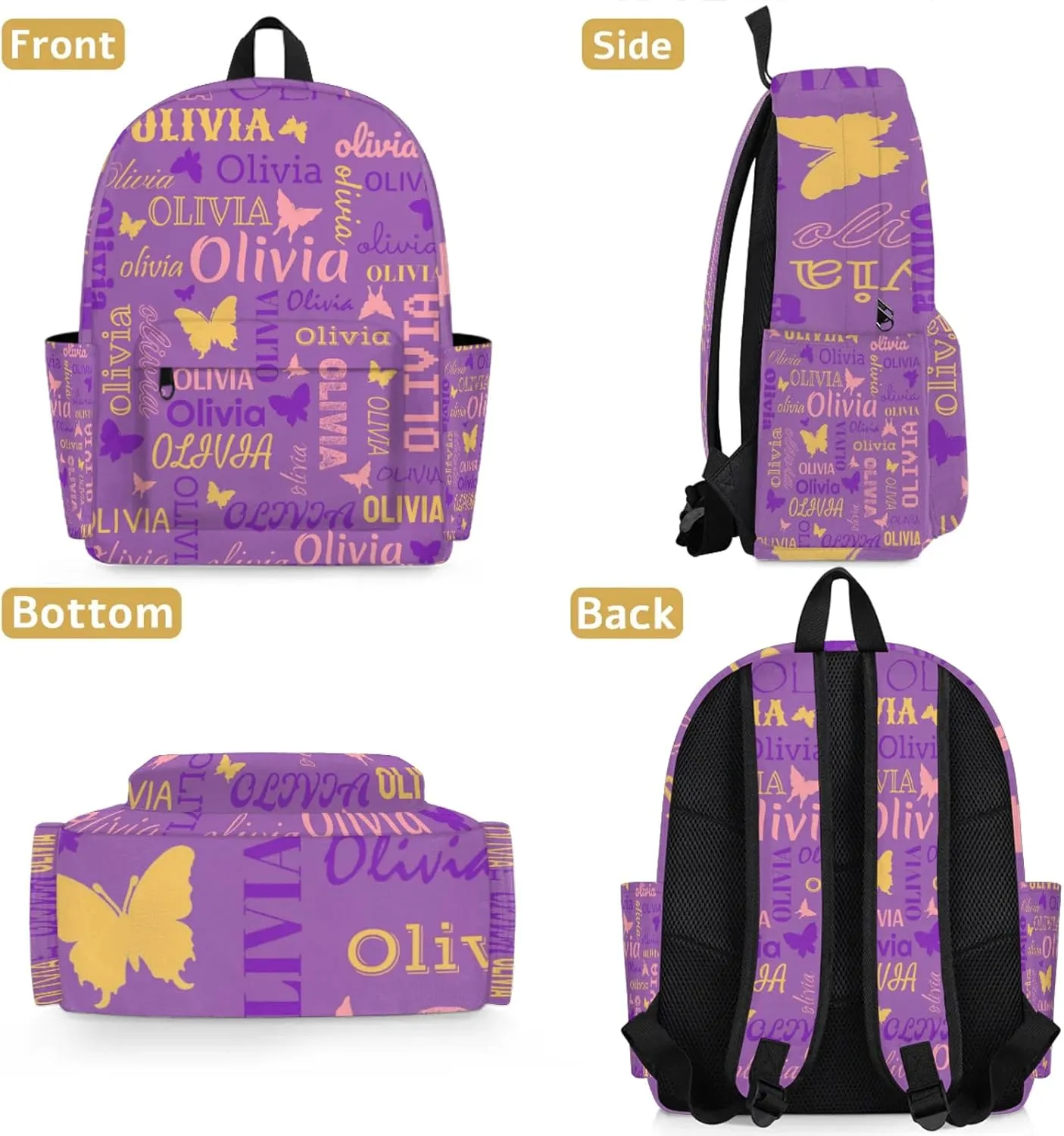 Personalized Butterfly Backpack with Name Custom Shoulder Bags for Women Men Waterproof Travel Casual Daypack Laptop Bag 15.1in, Purple