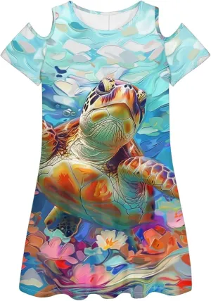 PinUp Angel Summer Casual Cute Floral Crew Neck Sundresses with Artistic Oil Painting Animal Pattern Beach Dress for Women