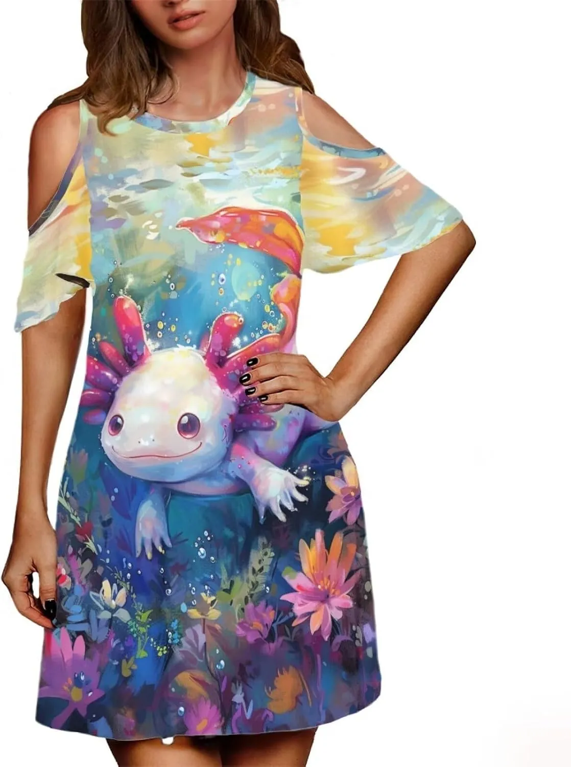 PinUp Angel Summer Casual Cute Floral Crew Neck Sundresses with Artistic Oil Painting Animal Pattern Beach Dress for Women