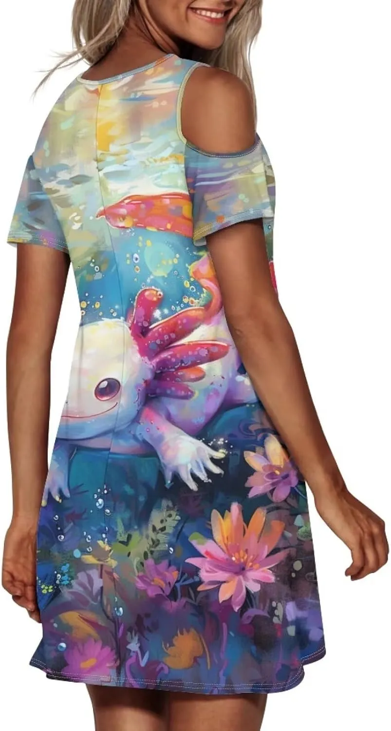 PinUp Angel Summer Casual Cute Floral Crew Neck Sundresses with Artistic Oil Painting Animal Pattern Beach Dress for Women