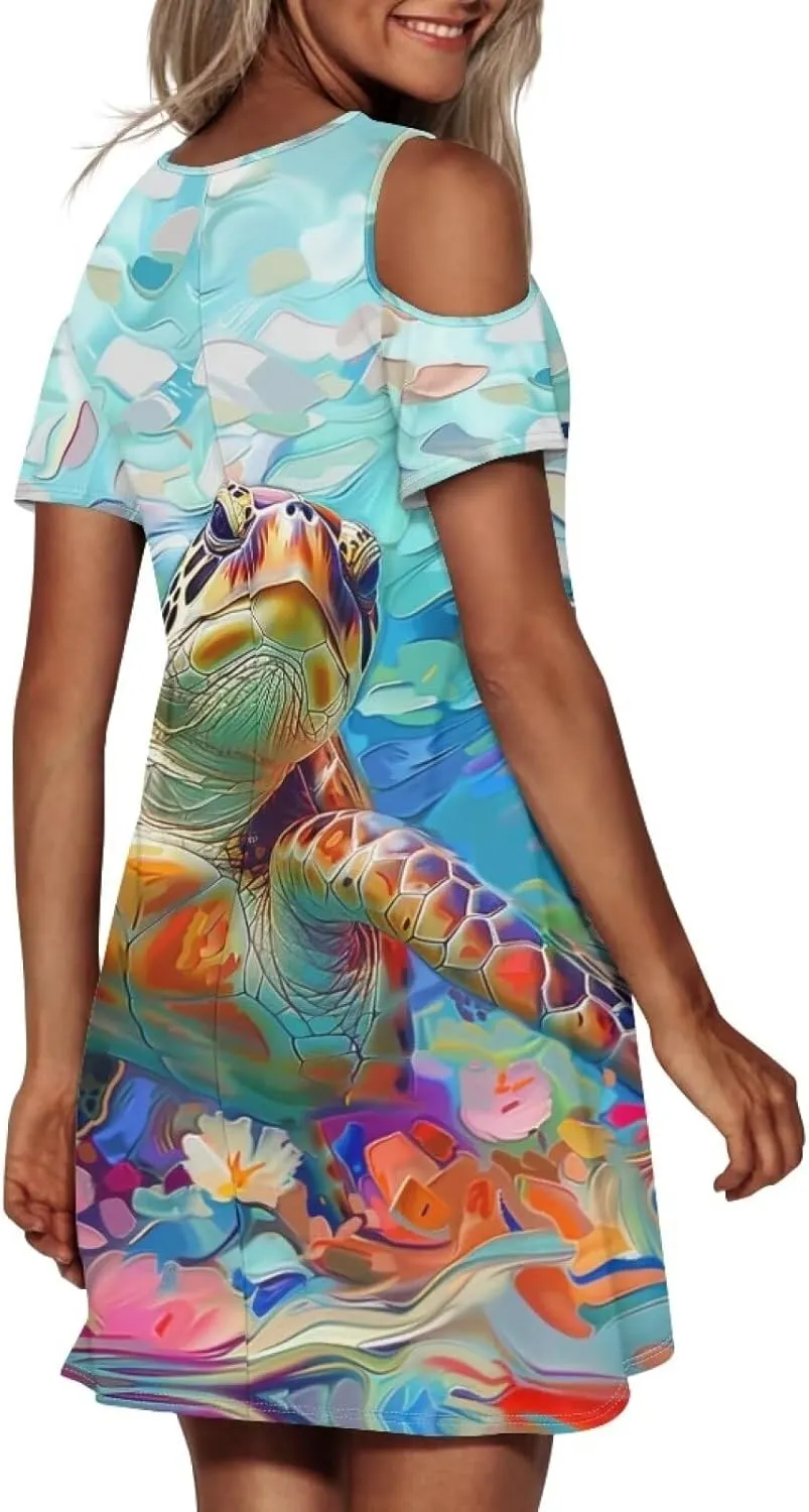 PinUp Angel Summer Casual Cute Floral Crew Neck Sundresses with Artistic Oil Painting Animal Pattern Beach Dress for Women