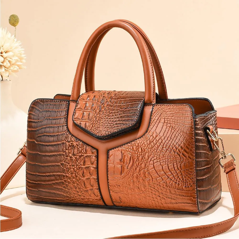 Purses and Handbags for Women Crocodile Print Leather Top Handle Satchel Fashion Work Shoulder Bag Khaki