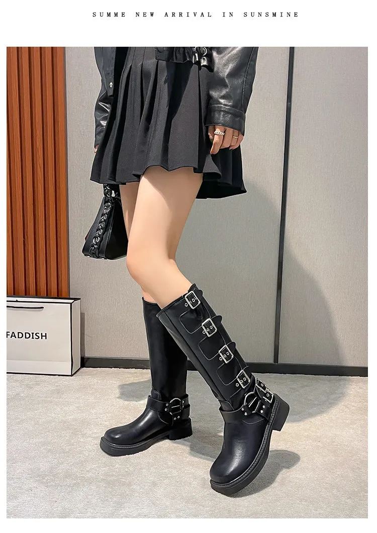 Retro High-Top Knight Metal Buckle Square Toe Boots