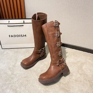Retro High-Top Knight Metal Buckle Square Toe Boots