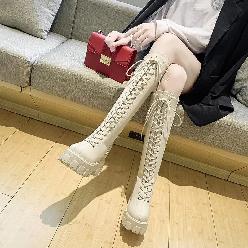 Retro Leather Knee High Platform Boots