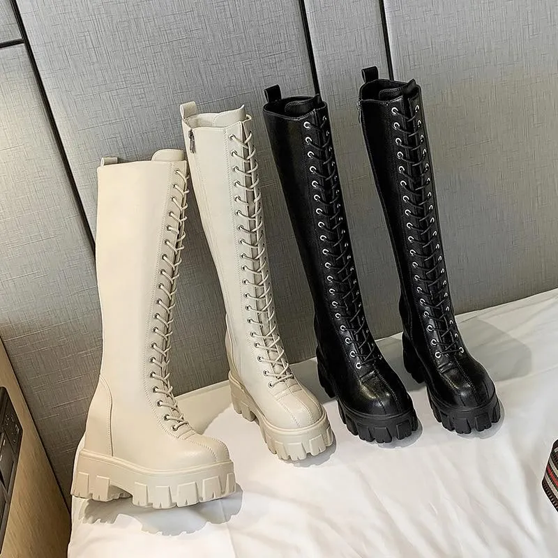 Retro Leather Knee High Platform Boots