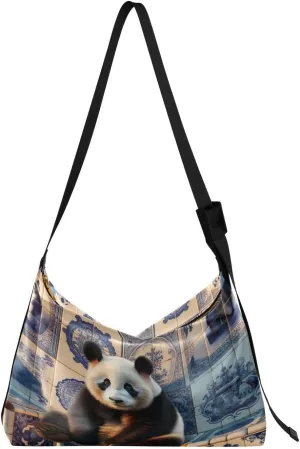 Retro Panda Hobo Crossbody Bags for Women Leather Large Shoulder Bag Cross Body Tile Art Artistic Trendy Womens Tote Bags Handbag for Travel Shopping