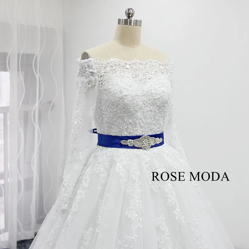 Rosemoda Off Shoulder Long Sleeve Ball Gown Wedding Dress With Cut Out Back
