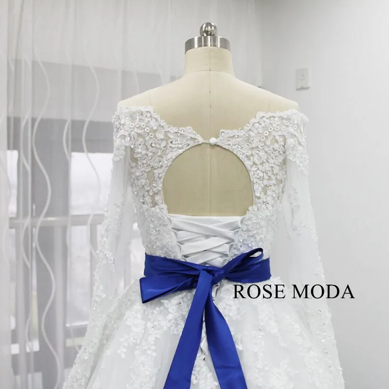 Rosemoda Off Shoulder Long Sleeve Ball Gown Wedding Dress With Cut Out Back