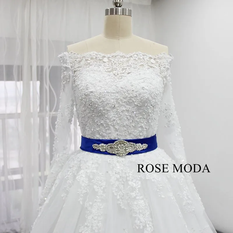 Rosemoda Off Shoulder Long Sleeve Ball Gown Wedding Dress With Cut Out Back