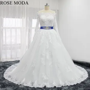 Rosemoda Off Shoulder Long Sleeve Ball Gown Wedding Dress With Cut Out Back