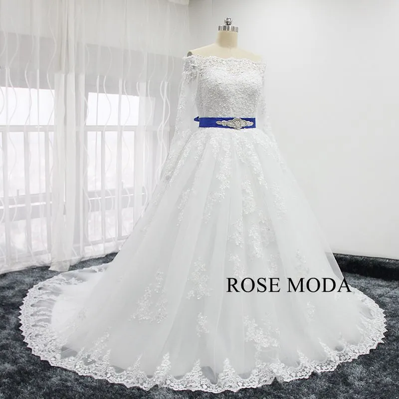 Rosemoda Off Shoulder Long Sleeve Ball Gown Wedding Dress With Cut Out Back