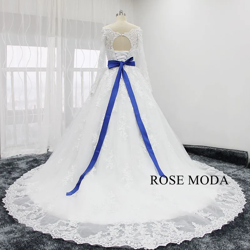 Rosemoda Off Shoulder Long Sleeve Ball Gown Wedding Dress With Cut Out Back