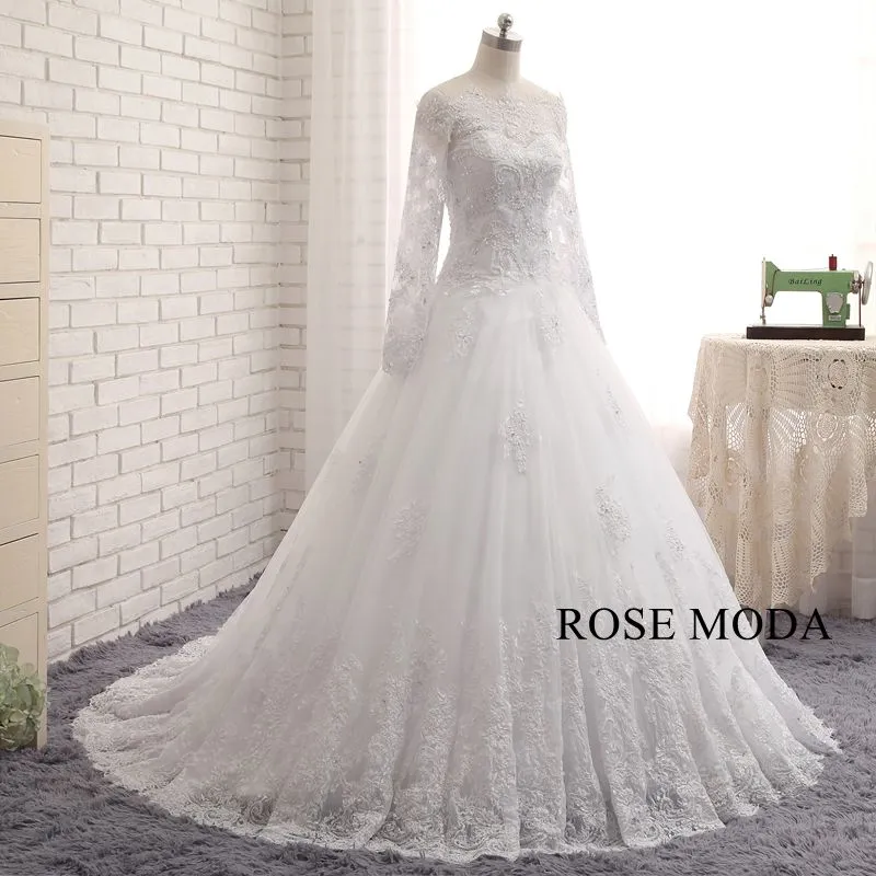 Rosemoda Sheer Cap Sleeve Bateau Neck Dropped A Line Wedding Dress