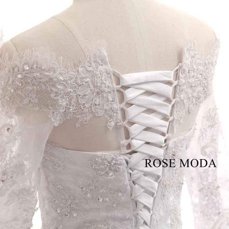 Rosemoda Sheer Cap Sleeve Bateau Neck Dropped A Line Wedding Dress