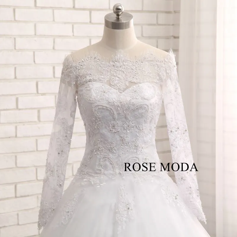 Rosemoda Sheer Cap Sleeve Bateau Neck Dropped A Line Wedding Dress