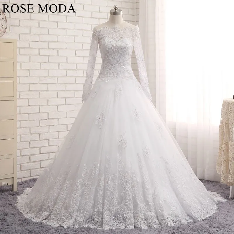 Rosemoda Sheer Cap Sleeve Bateau Neck Dropped A Line Wedding Dress