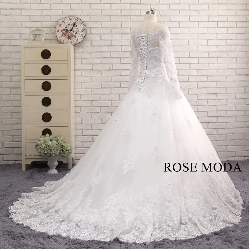 Rosemoda Sheer Cap Sleeve Bateau Neck Dropped A Line Wedding Dress