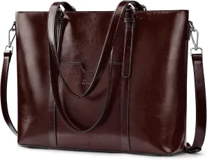S-ZONE Women Genuine Leather Laptop Tote Bag Shoulder Handbags 15.6 Inch Purse
