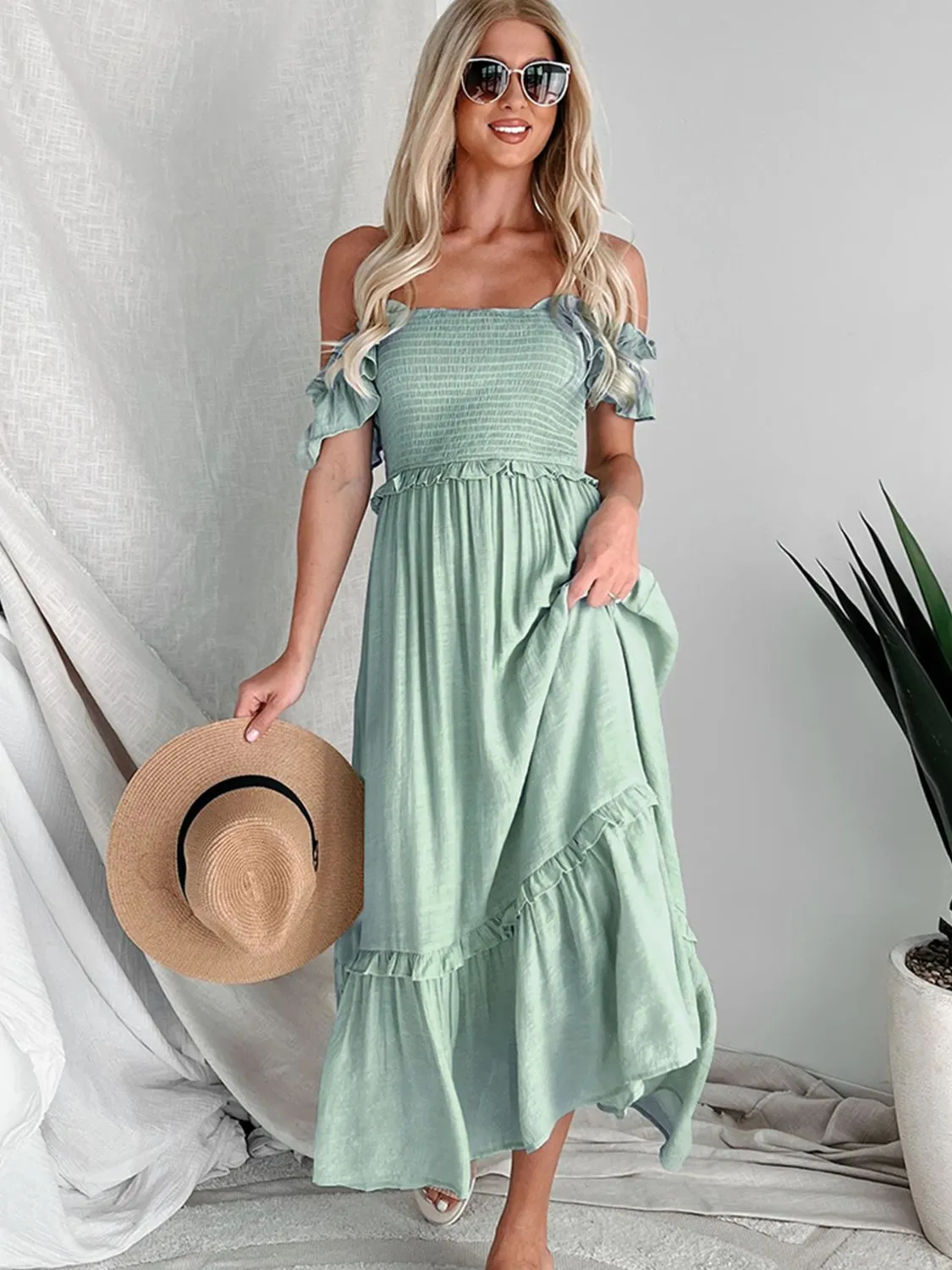 Sage Green Off-Shoulder Ruffle Maxi Dress