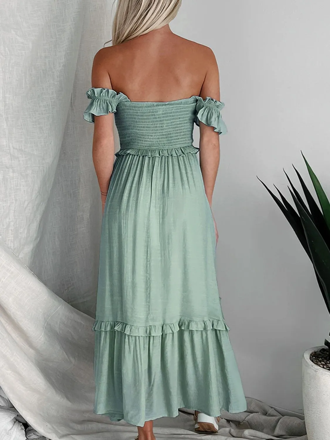Sage Green Off-Shoulder Ruffle Maxi Dress
