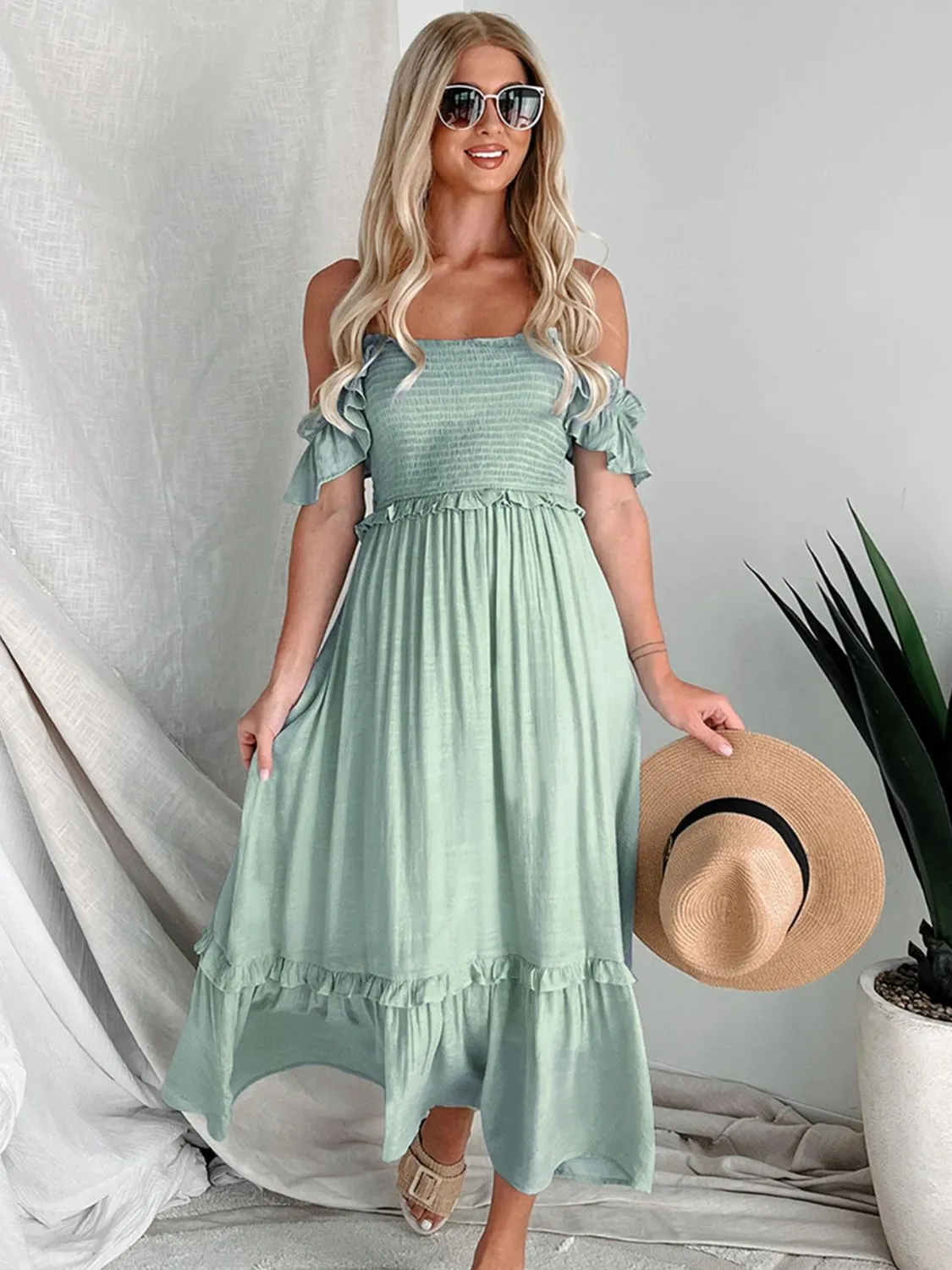 Sage Green Off-Shoulder Ruffle Maxi Dress