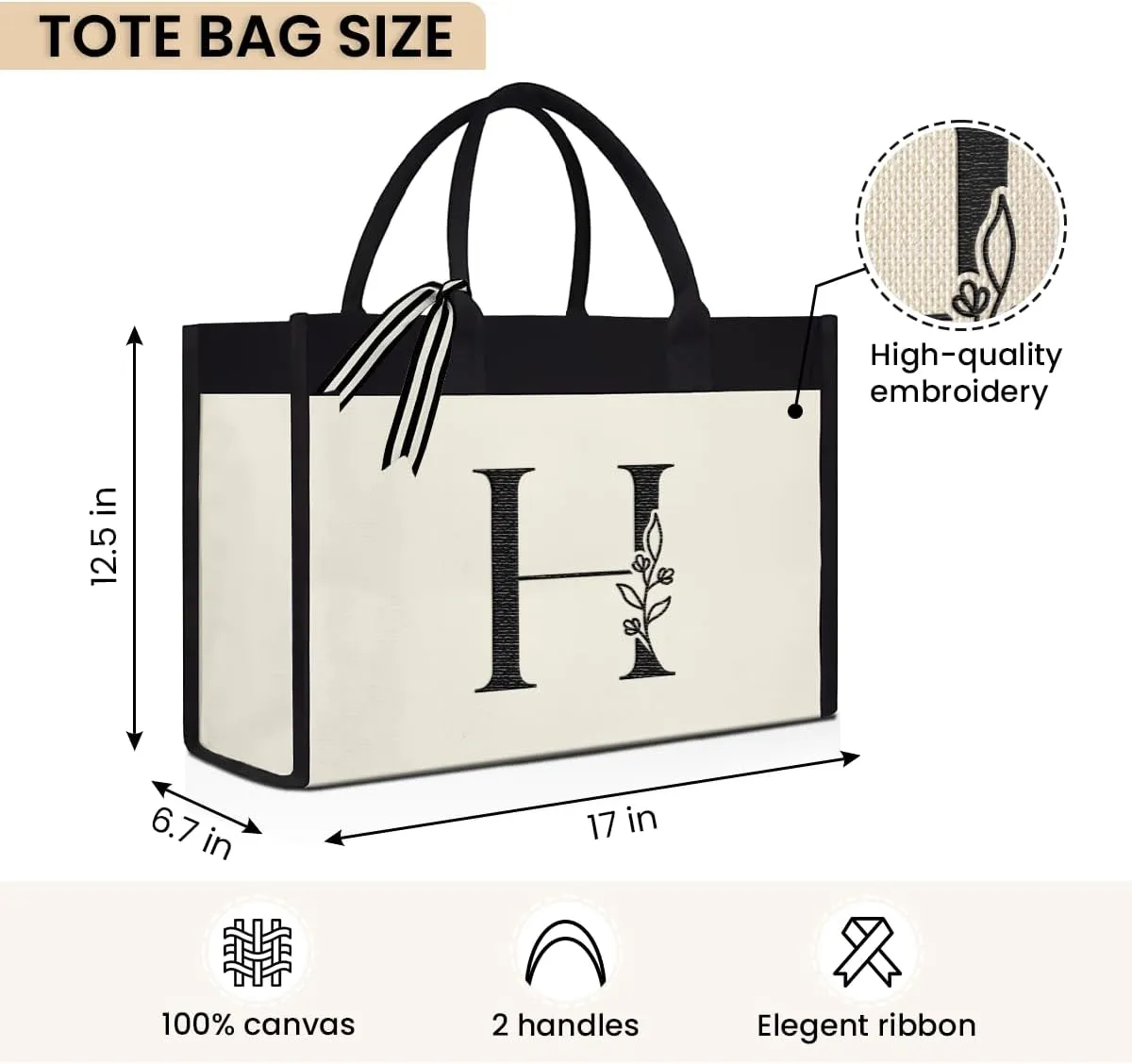 SANDJEST Initial Canvas Tote Bag Embroidered Monogrammed Beach Bags Gift for Women Friend Coworker Bridesmaid