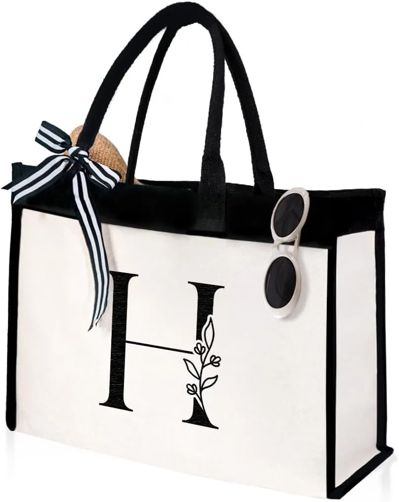 SANDJEST Initial Canvas Tote Bag Embroidered Monogrammed Beach Bags Gift for Women Friend Coworker Bridesmaid