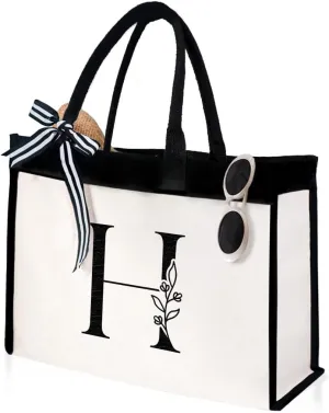 SANDJEST Initial Canvas Tote Bag Embroidered Monogrammed Beach Bags Gift for Women Friend Coworker Bridesmaid