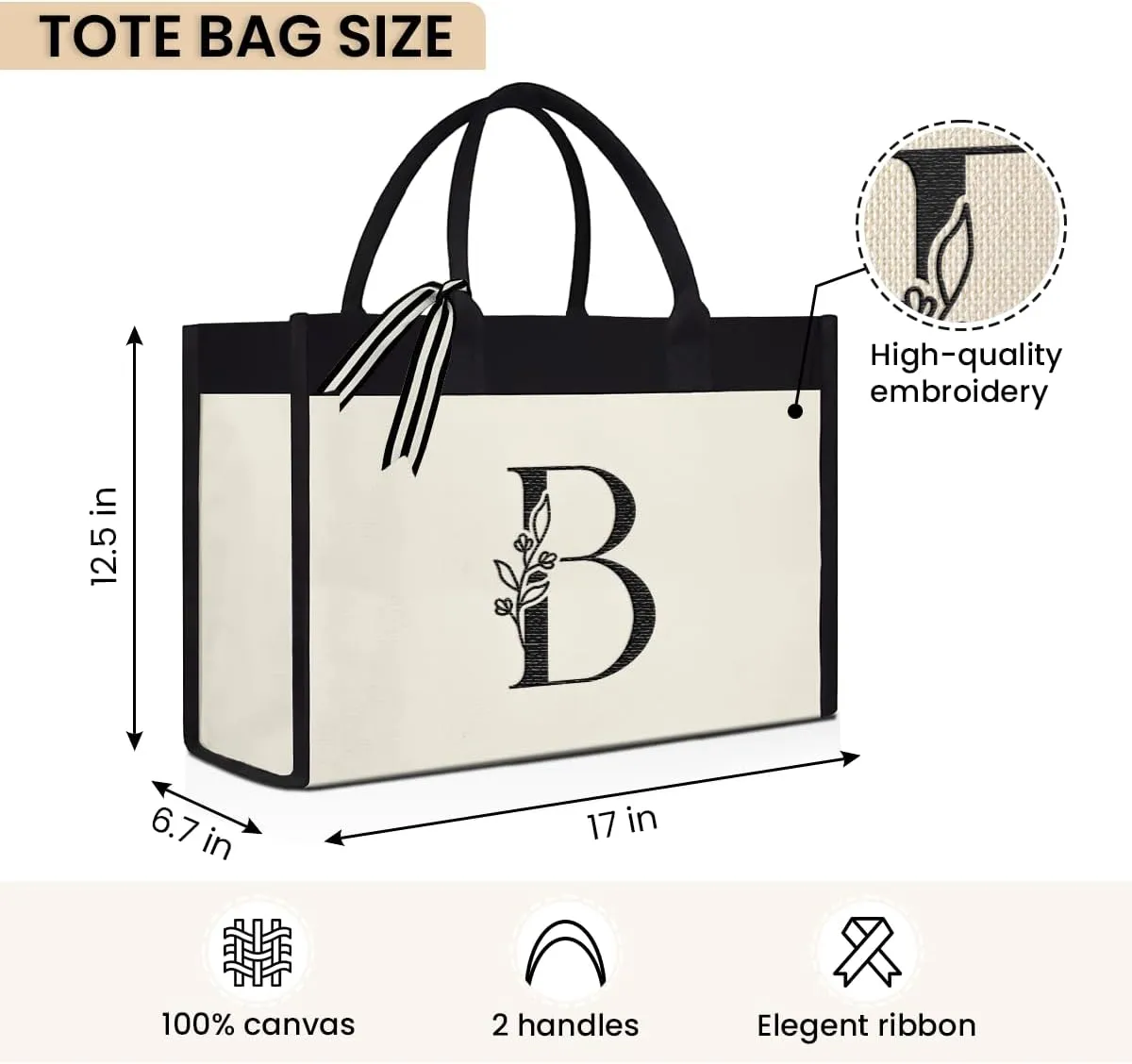 SANDJEST Initial Canvas Tote Bag Embroidered Monogrammed Beach Bags Gift for Women Friend Coworker Bridesmaid