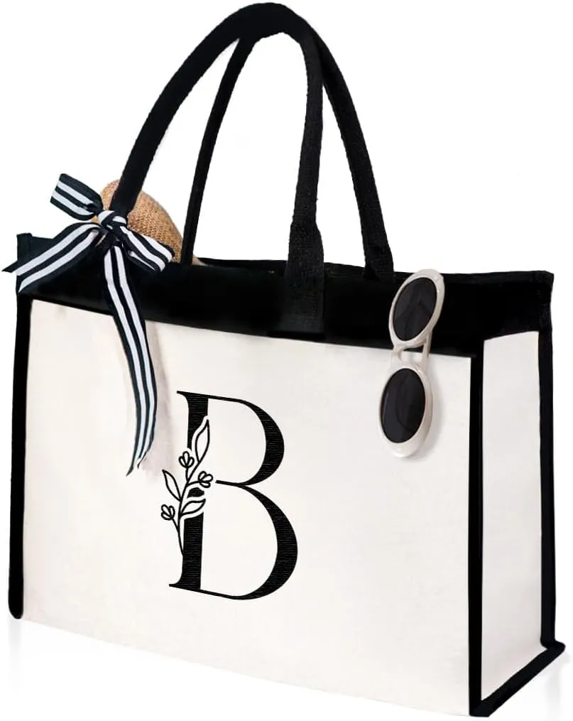 SANDJEST Initial Canvas Tote Bag Embroidered Monogrammed Beach Bags Gift for Women Friend Coworker Bridesmaid