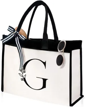 SANDJEST Initial Canvas Tote Bag Embroidered Monogrammed Beach Bags Gift for Women Friend Coworker Bridesmaid
