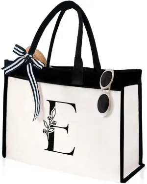 SANDJEST Initial Canvas Tote Bag Embroidered Monogrammed Beach Bags Gift for Women Friend Coworker Bridesmaid