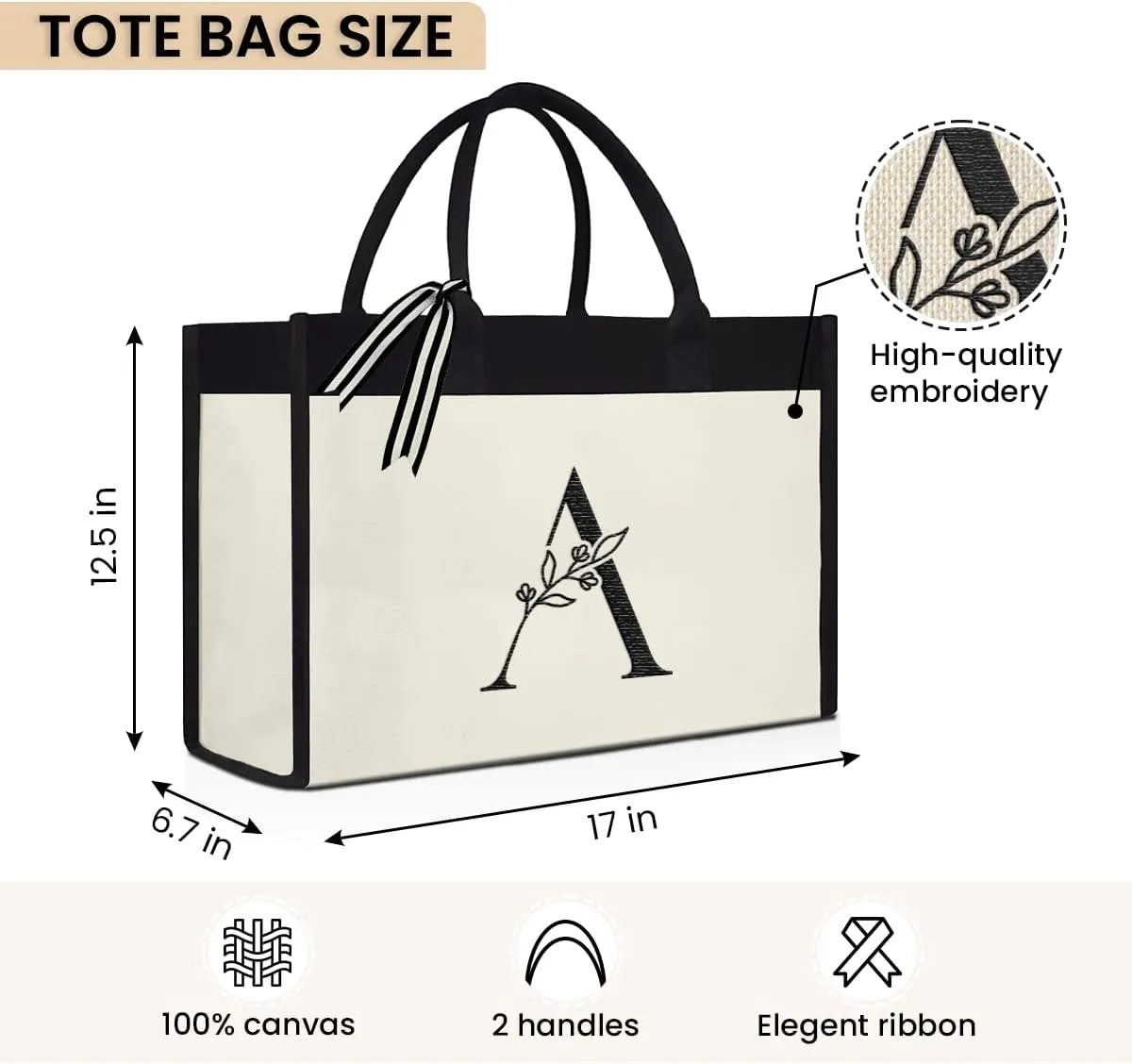 SANDJEST Initial Canvas Tote Bag Embroidered Monogrammed Beach Bags Gift for Women Friend Coworker Bridesmaid