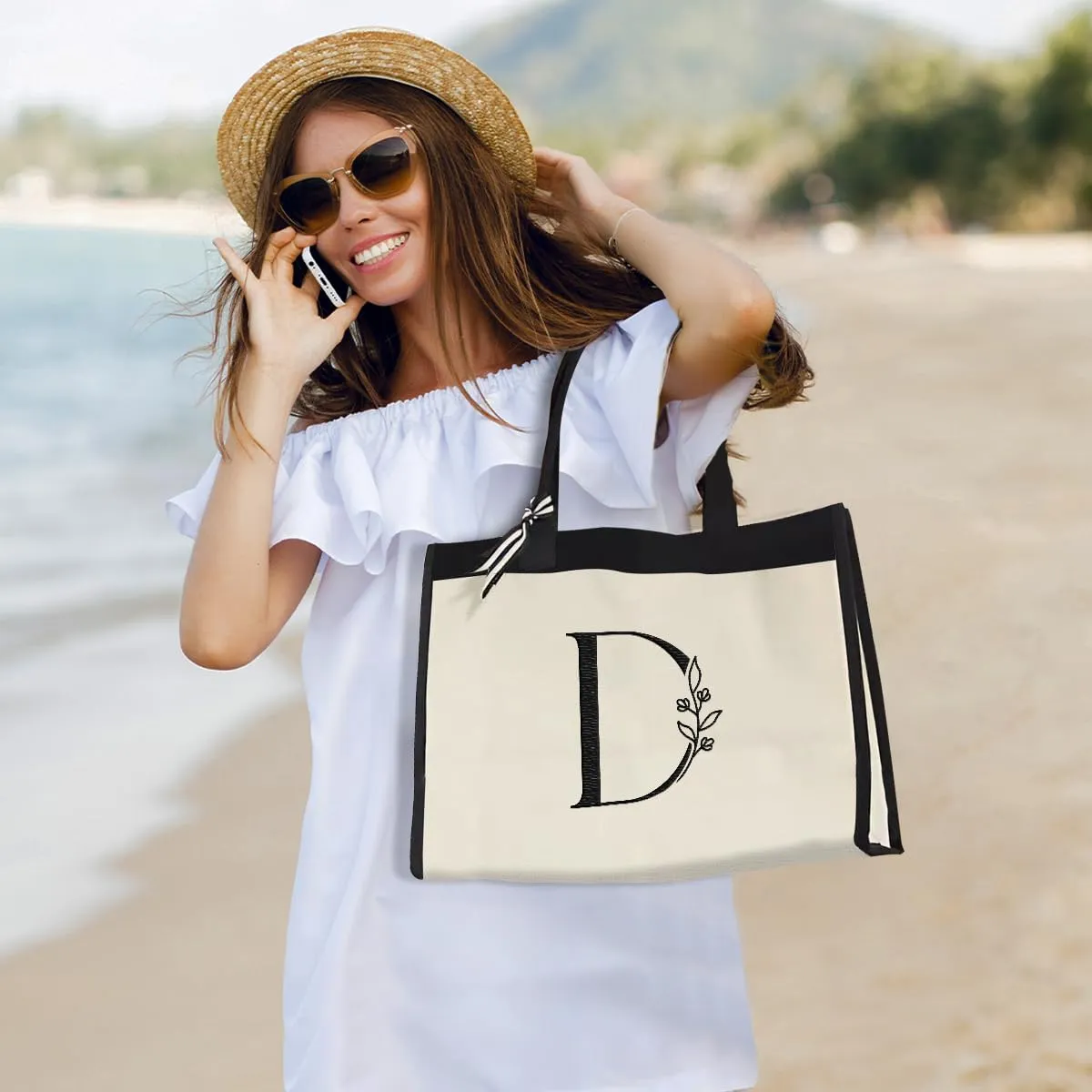 SANDJEST Initial Canvas Tote Bag Embroidered Monogrammed Beach Bags Gift for Women Friend Coworker Bridesmaid