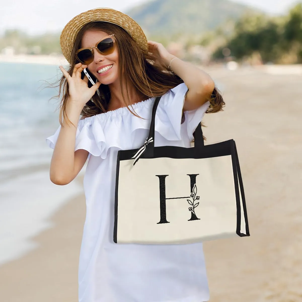 SANDJEST Initial Canvas Tote Bag Embroidered Monogrammed Beach Bags Gift for Women Friend Coworker Bridesmaid