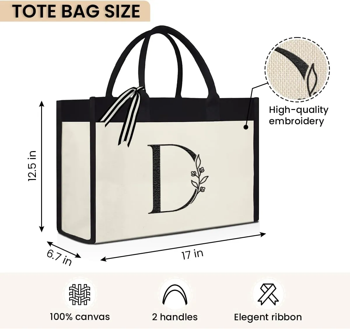 SANDJEST Initial Canvas Tote Bag Embroidered Monogrammed Beach Bags Gift for Women Friend Coworker Bridesmaid