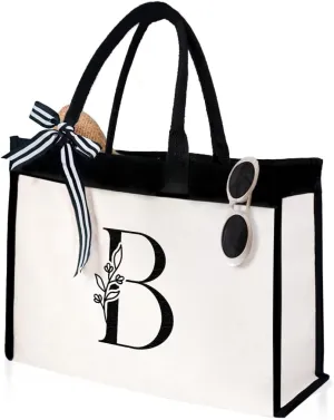 SANDJEST Initial Canvas Tote Bag Embroidered Monogrammed Beach Bags Gift for Women Friend Coworker Bridesmaid