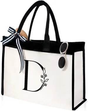 SANDJEST Initial Canvas Tote Bag Embroidered Monogrammed Beach Bags Gift for Women Friend Coworker Bridesmaid
